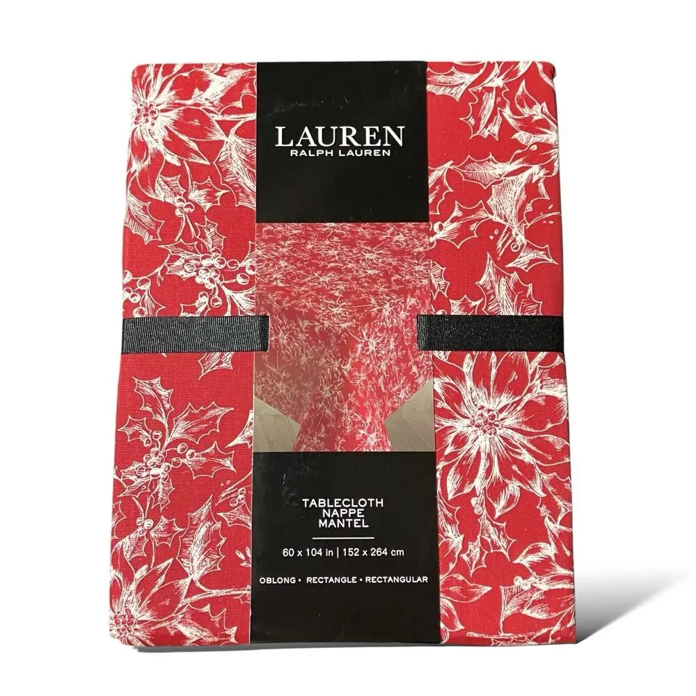 Ralph Lauren Tablecloth 60x104 Red Christmas Festive Rectangle Poinsettia Cotton